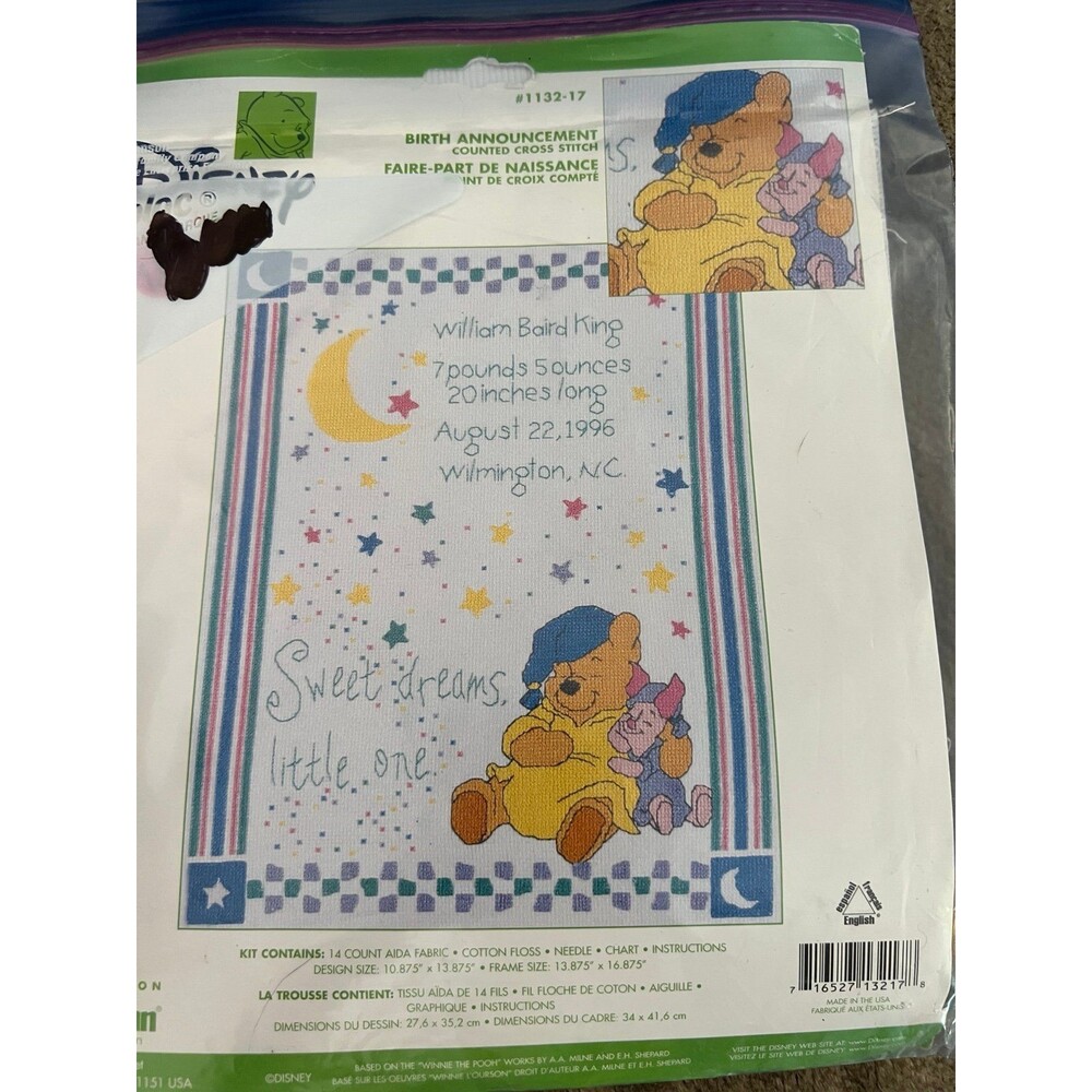 Vtg Janlynn Disney Home Winnie the Pooh Birth Announcement Cross Stitch Kit 1132